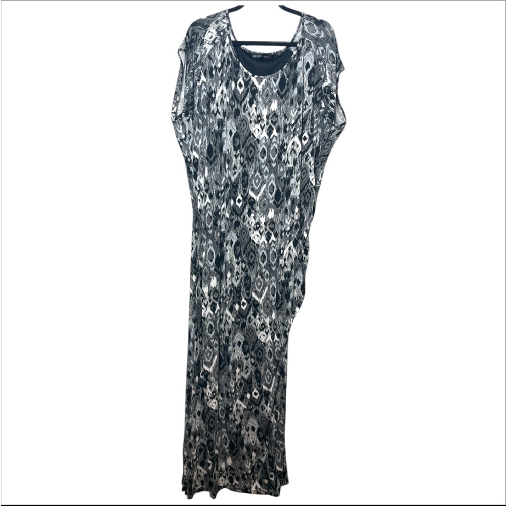 Colleen Lopez Black White Ruched Side Maxi Dress 3X Boho Ikat Print Plus Size